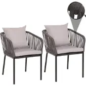 Mendler 2er-Set Gartenstuhl MCW-N41, Outdoor Armlehne, wetterfest Aluminium Seilgeflecht Rope anthrazit Kissen grau