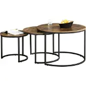 En.casa Couchtischset Arvidsjaur 3er Set Sofatische 3-tlg. Wohnzimmertische Stahlgestell rund Dunkler Holzton