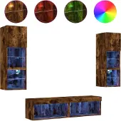Syfax 6-tlg. Wohnwand mit LED-Beleuchtung Räuchereiche Holzwerkstoff