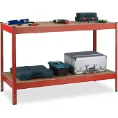 Relaxdays Werkbank, 600 kg, HxBxT: 91 x 141 x 61 cm, 2 verstellbare Ebenen, Werktisch, Stahl & MDF, Werkstattregal, rot