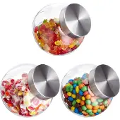 Relaxdays Bonbongläser, 3er Set, 1,5 L, Vorratsgläser für Süßigkeiten, Lebensmittel, Candy Bar, Edelstahl-Deckel, klar