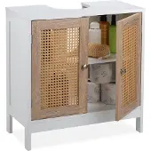 Relaxdays Waschbeckenunterschrank, 60 cm breit, 2 Fächer, Siphon-Aussparung, Rattan-Türen, Badunterschrank, weiß/ natur