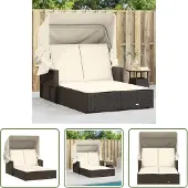 The Living Store Doppel-Sonnenliege mit Dach und Auflagen Braun Poly Rattan