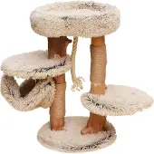 Fudajo Kratzbaum mit Holz und Plüsch 87,5 cm hoch, Designer Katzenkratzbaum mit Birnbaumholz, Katzenbaum mit Hängematte, Katzenmöbel mit Liege
