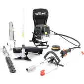 Wiltec 4-in-1 Multifunktionsgerät mit 4-Takt-Motor mit Rucksack, Backpacker Multigartengerät, Multitool Gartenwerkzeug mit u.a. Rasentrimmer