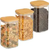 Relaxdays Vorratsgläser mit Bambusdeckel, 3er Set, eckige Vorratsdosen aus Glas, 1200 ml, luftdicht, transparent/natur