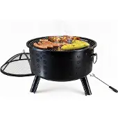 Relaxdays Feuerschale, HxØ 62 x 66 cm, mit Grillrost, Funkenschutz & Schürhaken, Feuerstelle Garten, Feuerkorb, schwarz