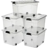 Logiplast GmbH 5 Stück Aufbewahrungsbox transparent 60 Liter mit Deckel und Klickverschluss 610 x 450 x 360 mm inkl. Rollen