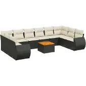 vidaXL 11-tlg. Garten-Sofagarnitur mit Kissen Schwarz Poly Rattan