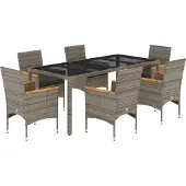 vidaXL 7-tlg. Garten-Essgruppe mit Kissen Grau Poly Rattan und Glas