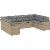 vidaXL 9-tlg. Garten-Sofagarnitur mit Kissen Beige Poly Rattan