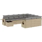 vidaXL 11-tlg. Garten-Sofagarnitur mit Kissen Beige Poly Rattan