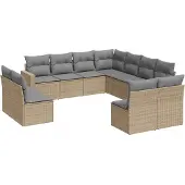 vidaXL 11-tlg. Garten-Sofagarnitur mit Kissen Beige Poly Rattan