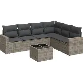 vidaXL 7-tlg. Garten-Sofagarnitur mit Kissen Grau Poly Rattan