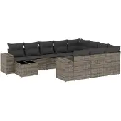 vidaXL 11-tlg. Garten-Sofagarnitur mit Kissen Grau Poly Rattan