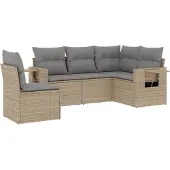 vidaXL 5-tlg. Garten-Sofagarnitur mit Kissen Beige Poly Rattan