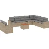 vidaXL 11-tlg. Garten-Sofagarnitur mit Kissen Beige Poly Rattan