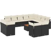 vidaXL 13-tlg. Garten-Sofagarnitur mit Kissen Schwarz Poly Rattan