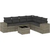 vidaXL 7-tlg. Garten-Sofagarnitur mit Kissen Grau Poly Rattan
