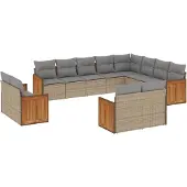vidaXL 12-tlg. Garten-Sofagarnitur mit Kissen Beige Poly Rattan