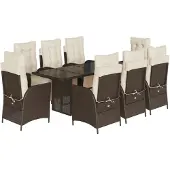 vidaXL 9-tlg. Garten-Essgruppe mit Kissen Braun Poly Rattan