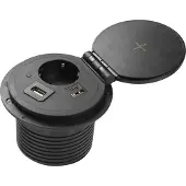 GTV Einbautischsteckdose CHARGER PLUS, 1x Schuko, USB-A+C, austauschbarer USB-A, HDMI, RJ45, 1,5m Kabel, Schwarz - für Büro, Küche, Heimwerk, Konferenzräume