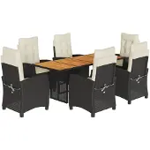 vidaXL 7-tlg. Garten-Essgruppe mit Kissen Schwarz Poly Rattan