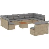 vidaXL 13-tlg. Garten-Sofagarnitur mit Kissen Beige Poly Rattan