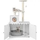 Costway Kratzbaum mit Katzenschrank, All-in-One Katzenhaus, Katzenbaum mit Eingang, Höhle, Sisalstamm & Spielball 77,5x49x132cm Weiß