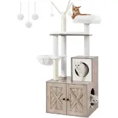 Feandrea Kratzbaum mit Katzenklo, 2-in-1 Kratzbaum, versteckte Katzentoilette, mit Sisalstämmen, herausnehmbare Plüschbälle,