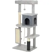 Youjia 132 cm Katzenbaum mit Kratzpfosten, Bett, Haus, Sprungplattformen, Pflegebürste, Hellgrau
