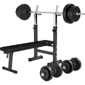 Gorilla Sports Hantelbank - inkl. Hantelset 70 kg, Ablage und Dip-Station, Verstellbare Höhe und Neigungswinkel, Klappbar, bis 200 kg - Trainingsbank mit Langhantelset, Flachbank, Schrägbank