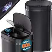 Monzana Mülleimer mit Sensor Küche 50L Edelstahl Automatik Deckel Klemmring inkl. USB-Kabel Abfalleimer Groß Papierkorb LED Anzeige, Farbe:schwarz