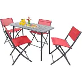 VCM 5-teilig Balkonmöbel Set, Gartentisch 110x55 cm mit 4 Klappstühlen, Metall & Textilene, wetterbeständig, platzsparend für Balkon & Terrasse, Sumila