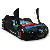 InterDesign Bullet Kinderbett Rennwagen Schwarz 90x190 cm mit LED, Sound & Türen als Rausfallschutz