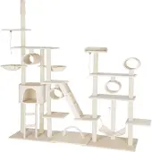 TecTake Kratzbaum Snooky 234 bis 261 cm inklusive 2 Treppen, 2 Spielkordeln, Kratzbogen, Deckenspanner und Kippschutz