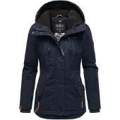 MARIKOO Bikoo Damen Winterjacke mit Kapuze Parka Mantel Anorak Teddyfell Futter Navy Gr. 34 - XS
