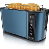 Arendo Toaster 4 Scheiben, Langschlitz, Edelstahl, 1500W, Touch-Bedienung, Display mit Restzeitanzeige, Brötchenaufsatz, Auftaufunktion, Wärmeisolierendes Gehäuse, blau
