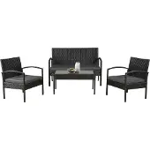 Juskys Polyrattan Gartenmöbel-Set Trinidad – Balkonmöbel-Set mit Tisch, Sofa & 2 Stühlen – Sitzgruppe für 4 Personen Schwarz mit Auflagen dunkelgrau