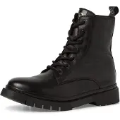 Tamaris Schnürboots , Damen, Gr. 42, wärmend, schwarz, Leder, Lederimitat, leicht glänzend, unifarben, Schuhe Schnürboots, Schnürstiefelette, Chunky Boots mit logobedruckter Anziehlasche, Topseller