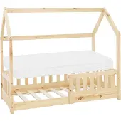 ML-Design Kinderbett 70x140 cm mit Matratze, Rausfallschutz, Dach und Lattenrost, Natur, Hausbett aus Kiefernholz Bodenbett Holzbett
