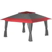 Wiltec Faltpavillon Moskitonetz 3,92 x 3,92 m grau rot, Gartenpavillon mit Rädern und Mückennetz, Partyzelt mit "One Push"-Technik und verstellbaren Beinen