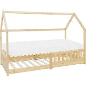 ML-Design Kinderbett 90x200 cm mit Matratze, Rausfallschutz, Dach und Lattenrost, Natur, Hausbett aus Kiefernholz Bodenbett Holzbett