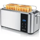 Arendo Toaster Langschlitz, Brötchenaufsatz, Wärmeisoliertes Gehäuse, Display, Touch, 2 lange Schlitze, für 4 Scheiben, 1500 W, LED-Anzeige mit Restzeit, Touchdisplay, Brötchenaufsatz