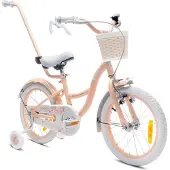 Sun baby Flower Bike Kinderfahrrad für Mädchen 16 Zoll, ab 4 Jahre, mit Stützrädern, abnehmbarer Schubstange, Korb, Klingel, Rücktrittbremse & V-Brake