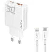 Dudao A30EUL 30W GaN USB-A/USB-C-Wandladegerät + USB-C-Lightning-Kabel - Weiß