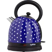 Grafner Retro Wasserkocher 2200 Watt, 1,8 Liter, Edelstahl-Korpus, Wunschfarbe, entnehmbarer Kalkfilter, kabellos, Überhitzungsschutz, BPA-Frei, Cool-Touch, Wasserstandsanzeige (Pünktchen blau)