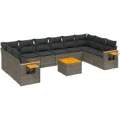 vidaXL 11-tlg. Garten-Sofagarnitur mit Kissen Grau Poly Rattan