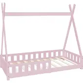 ML-Design Kinderbett Tipi 80x160 cm mit Rausfallschutz und Lattenrost, Rosa, aus Kiefernholz, Hausbett mit Zaun, Bodenbett, Holzbett
