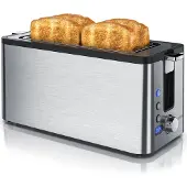 Arendo Edelstahl Toaster Langschlitz 4 Scheiben - Defrost Funktion - wärmeisolierendes Gehäuse - mit integrierten Brötchenaufsatz - Krümelschublade - Display mit Restzeitanzeige